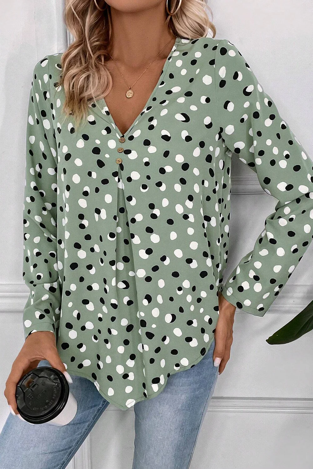 Polka Dot Print Button Front V Neck Blouse