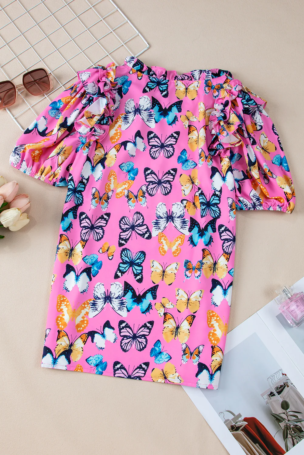 Butterfly Print Ruffled Puff Sleeve Tied V Neck Blouse