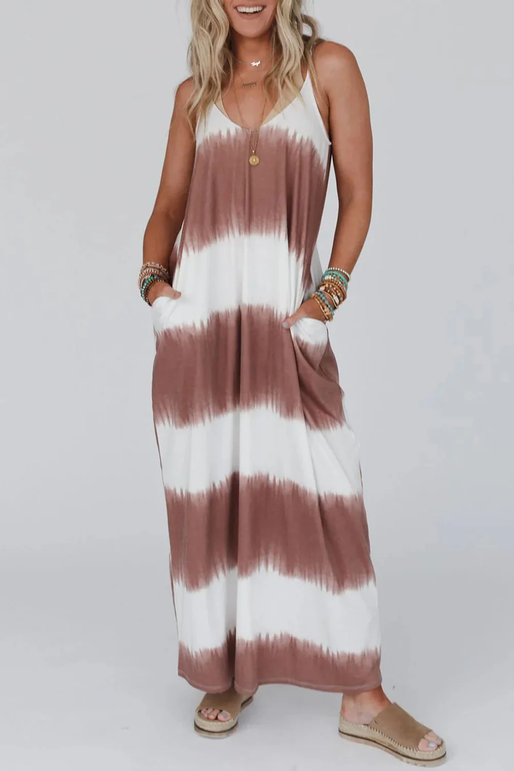 White Stripe Striped Tie Dye Spaghetti Strap Maxi Dress