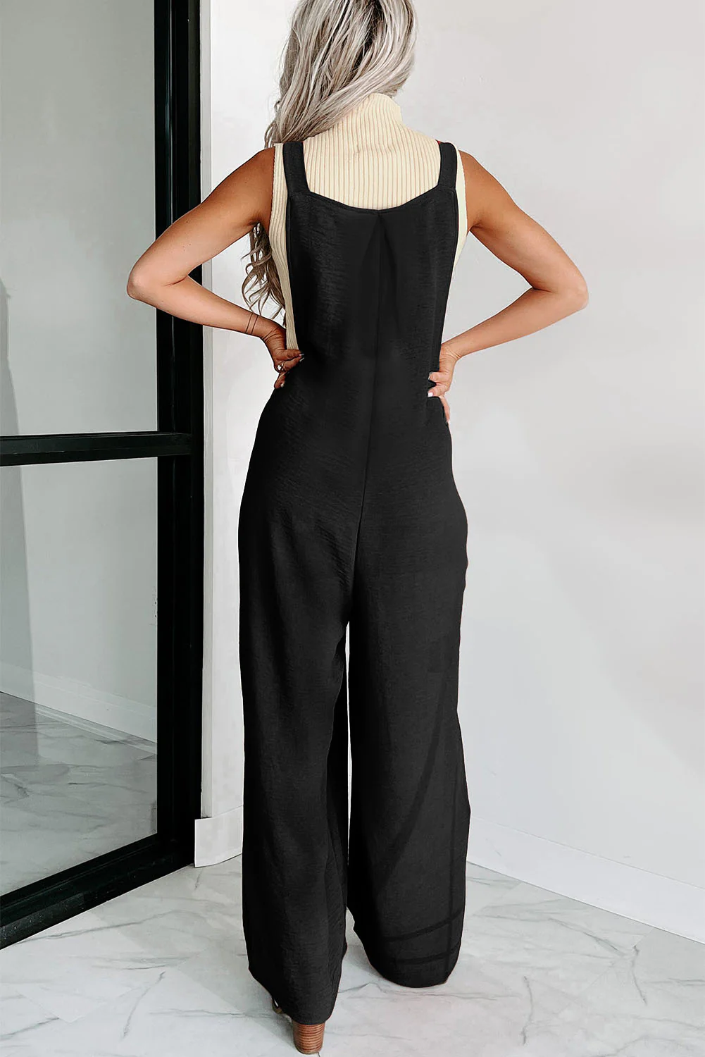 Textured Buttoned Straps Ruched Wide Leg Jumpsuit