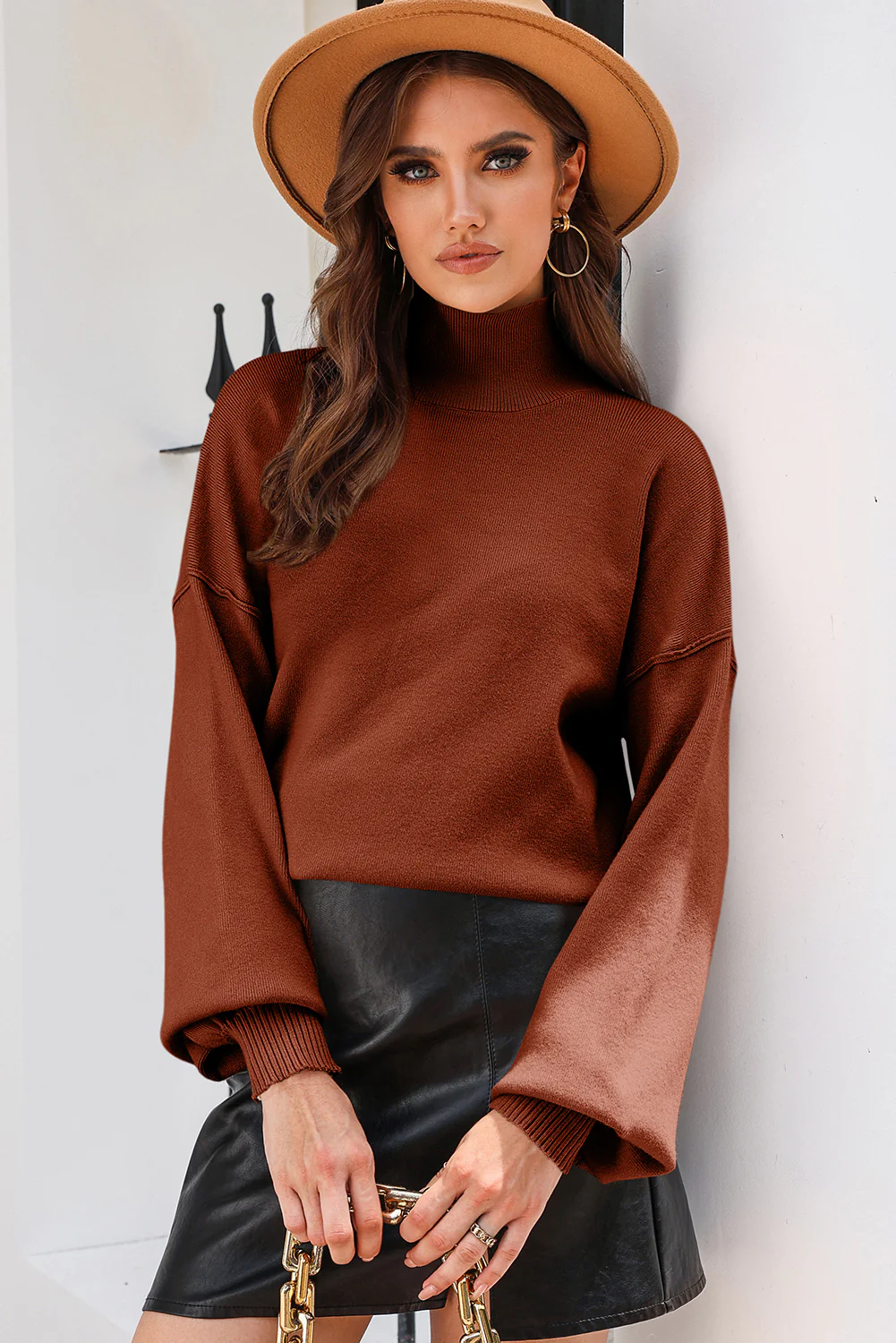 Turtleneck Drop Shoulder Bubble Sleeve Knit Sweater