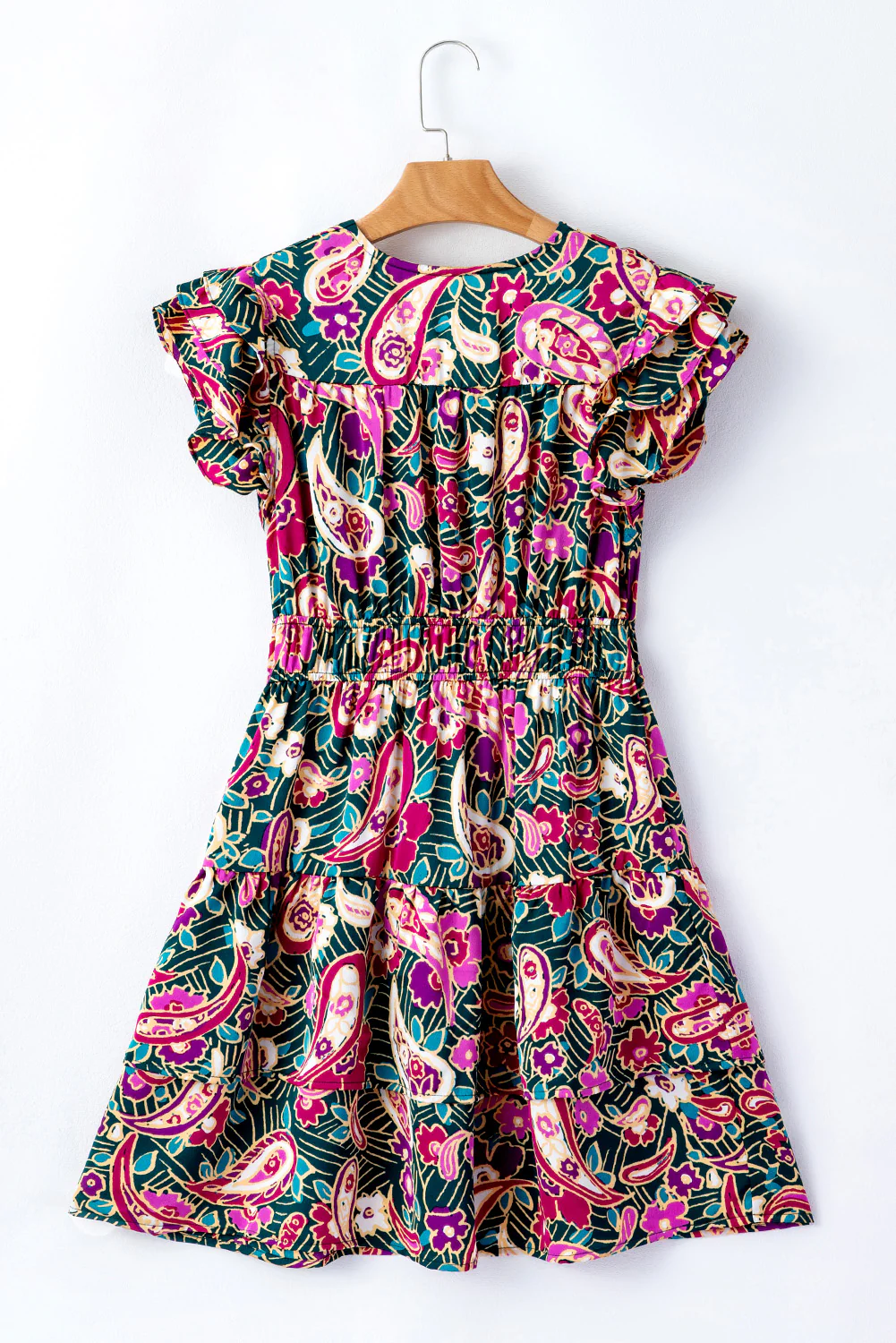 Paisley Print Flutter Sleeve Tiered Ruffle Dress