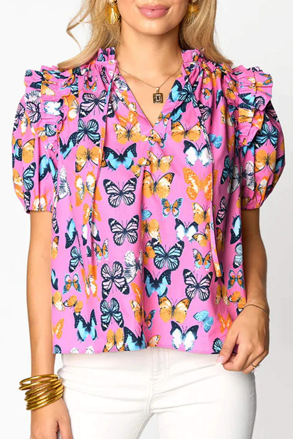 Butterfly Print Ruffled Puff Sleeve Tied V Neck Blouse