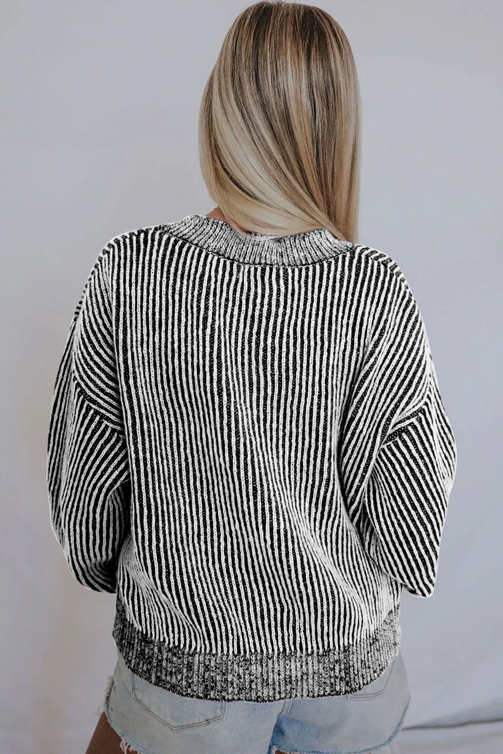 Striped Print Ribbed Trim Round Neck Sweater