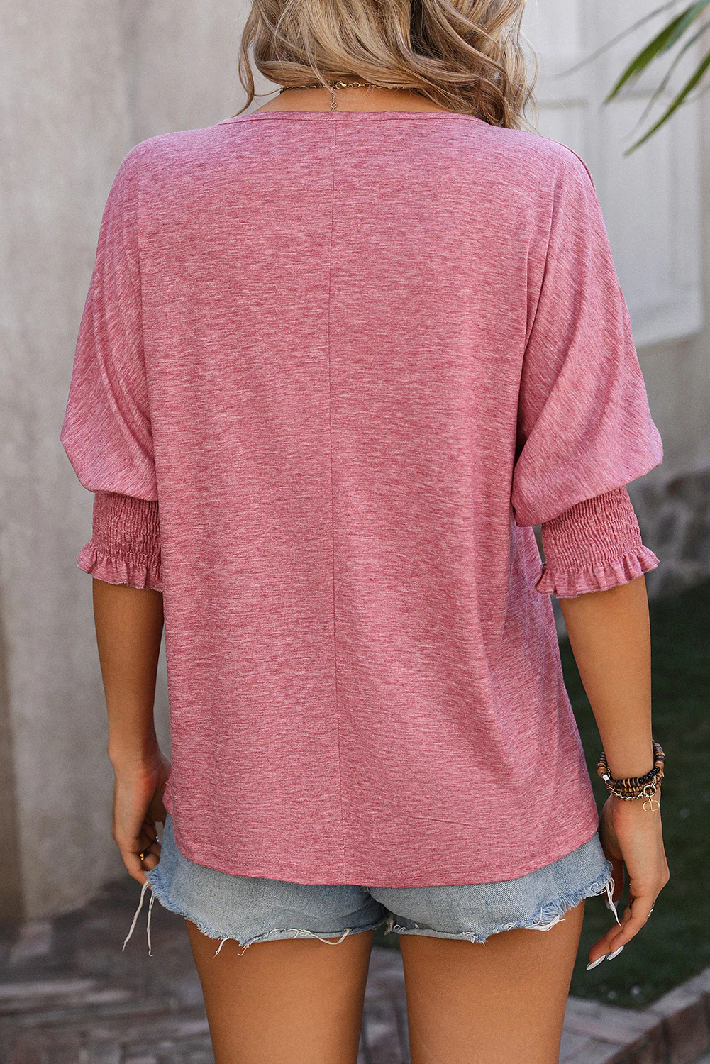 Smocked Puff Sleeve Notched Neck T Shirt
