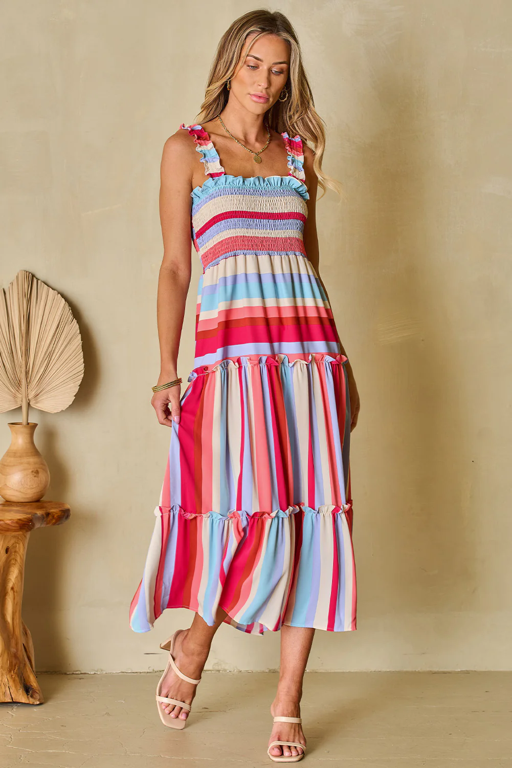 Ruffled Straps Smocked Tiered Long Dress