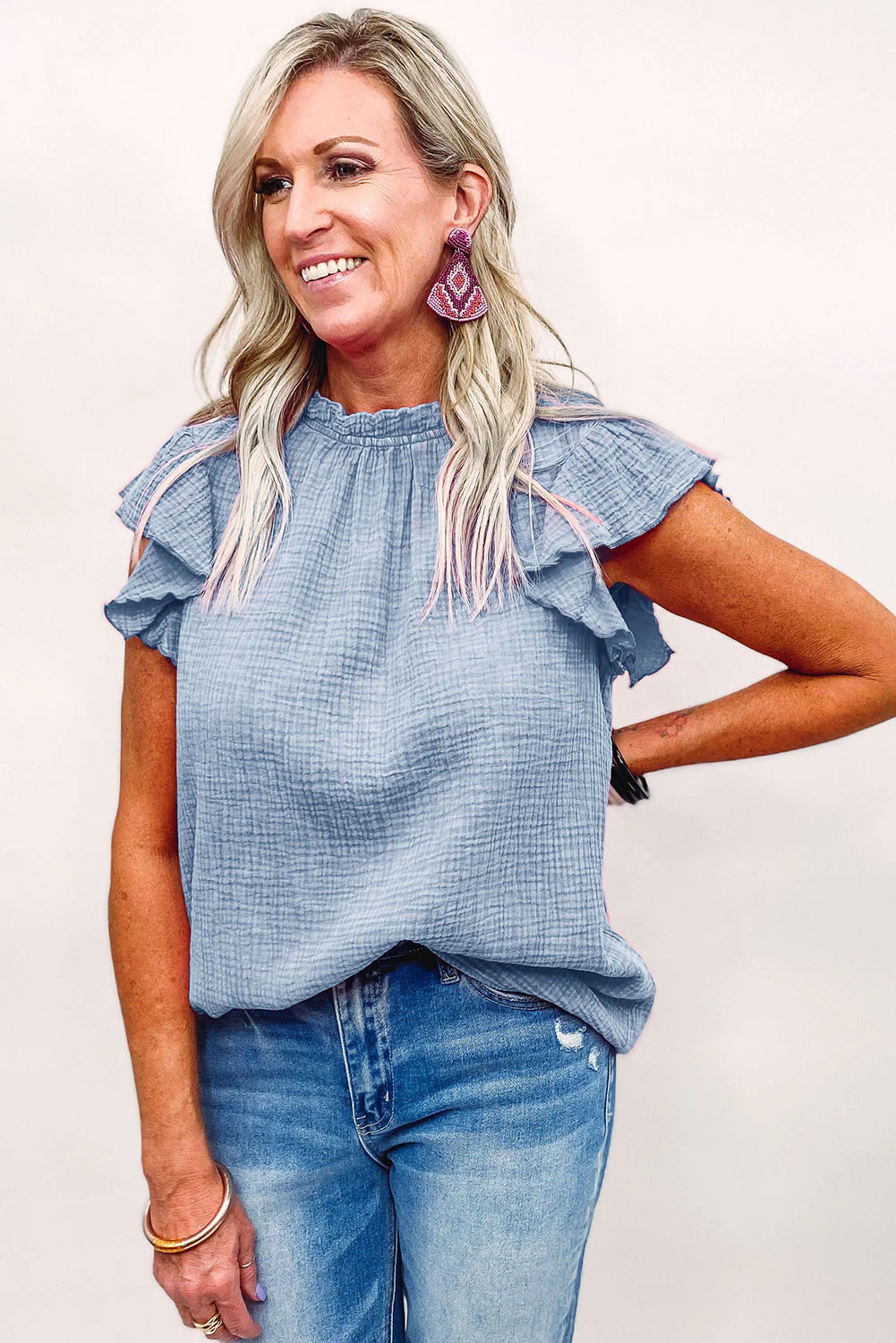 Flutter Sleeve Frilled Neck Textured Blouse