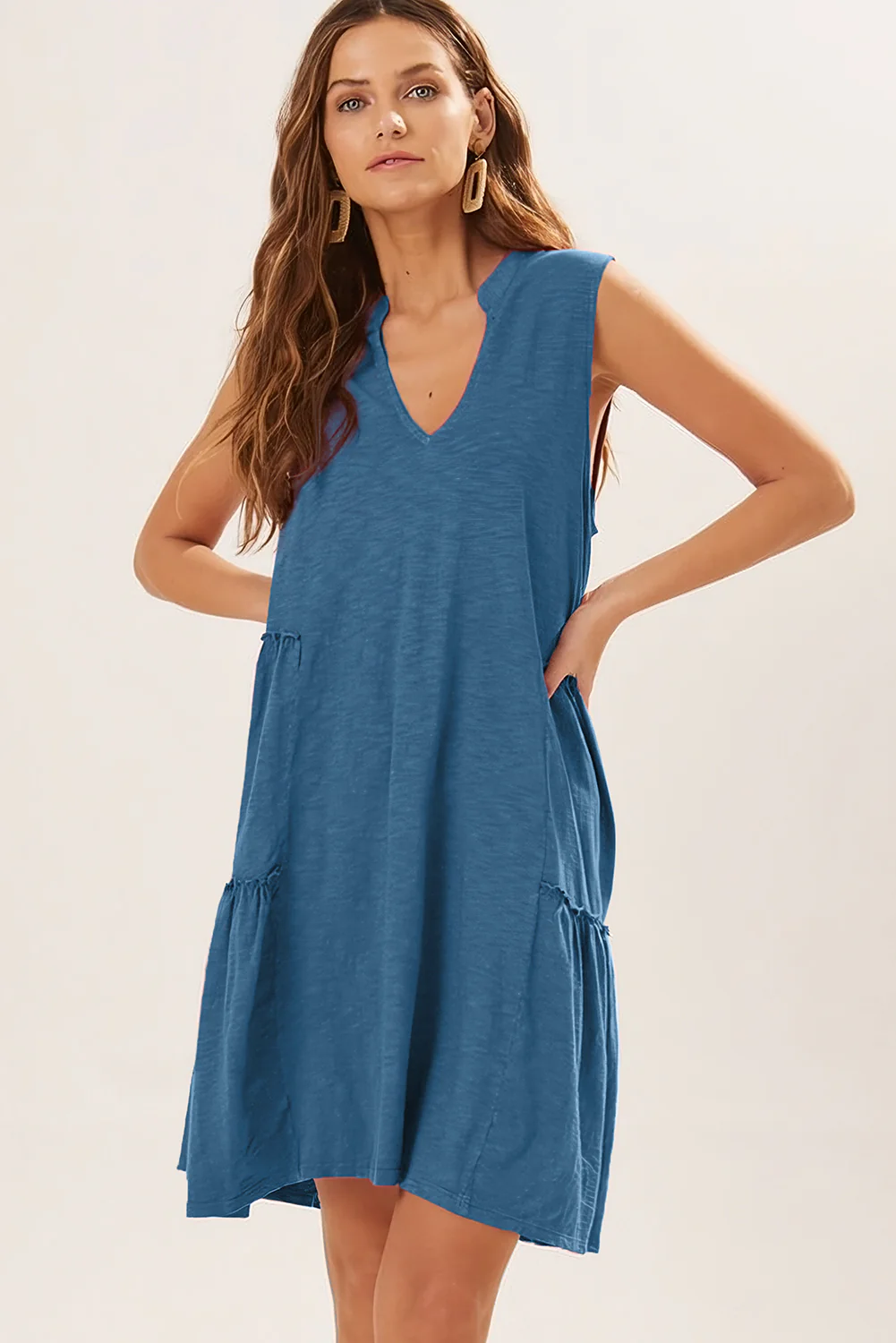 Split V Neck Tiered Flowy Sleeveless Dress