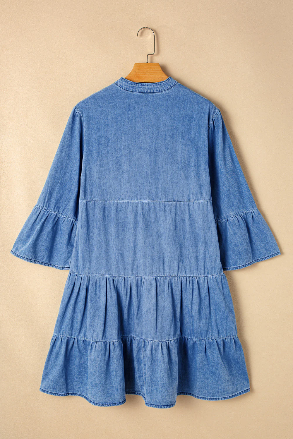 Chambray Ruffled 3/4 Sleeve Tiered Split V Neck Mini Dress