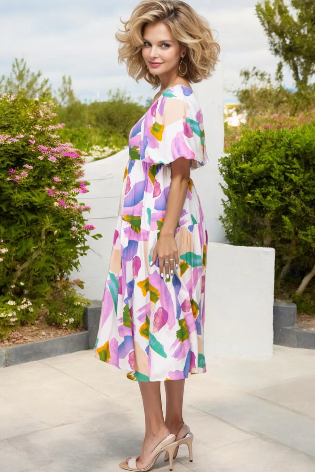 Abstract Print Puff Sleeve Smocked Back Midi Dress