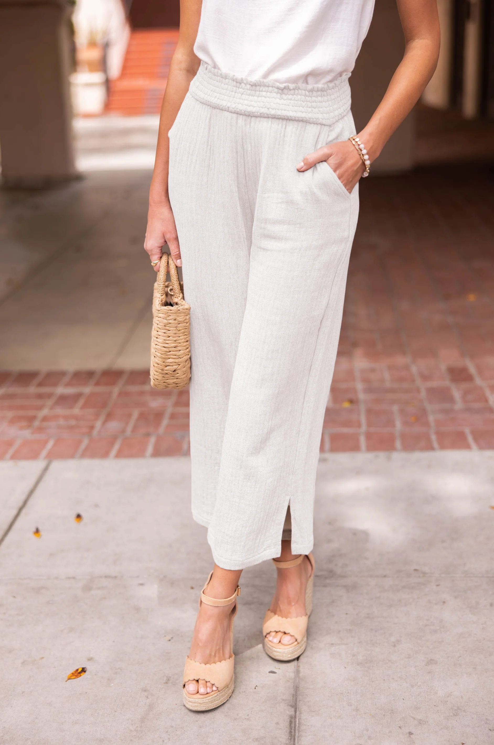 Smocked Waist Side Slit Cropped Straight Leg Pant