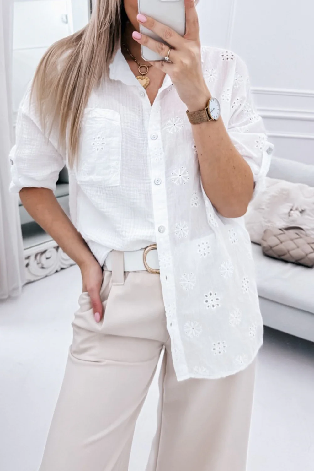 Broidered Anglaise Crinkle Loose Shirt