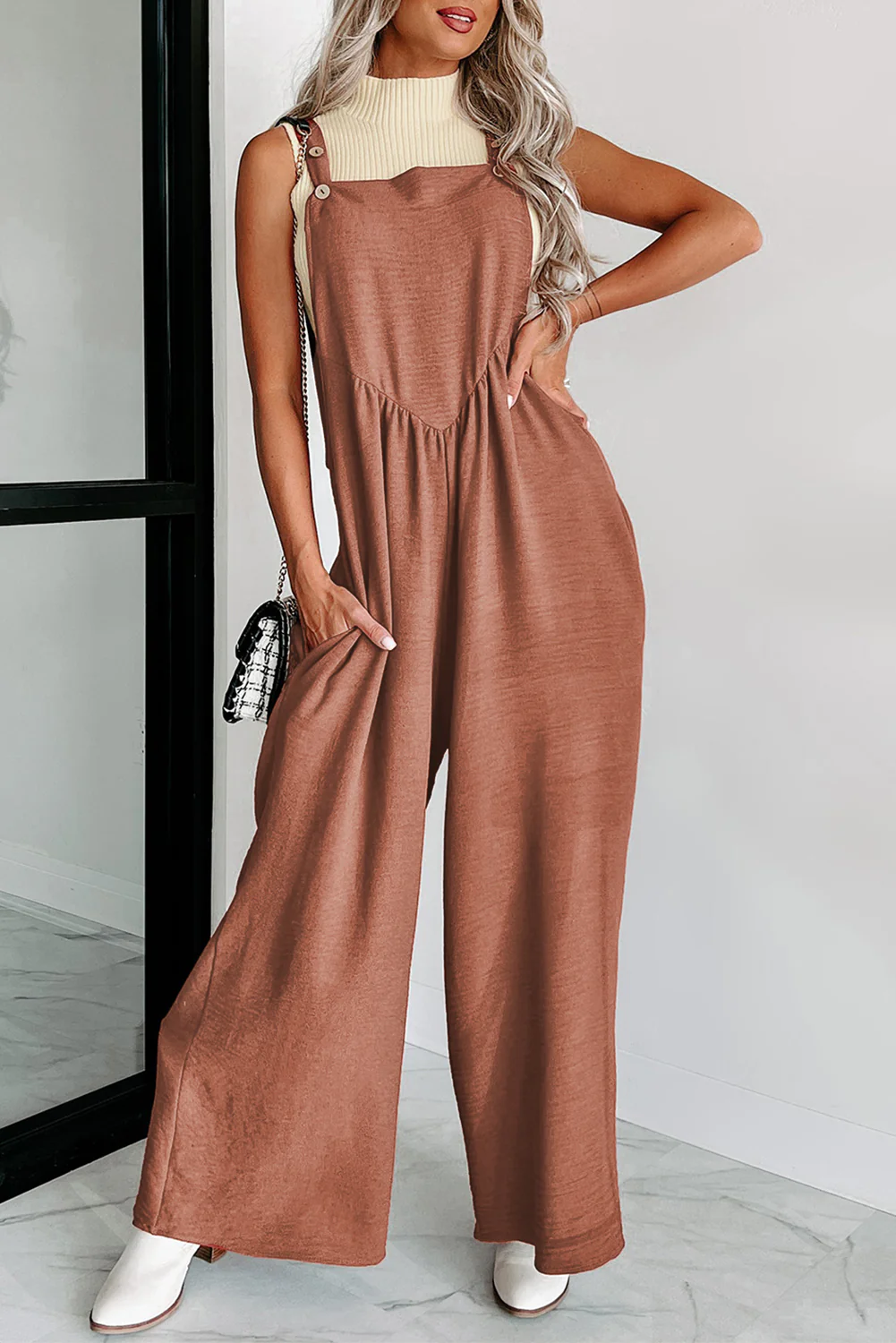 Textured Buttoned Straps Ruched Wide Leg Jumpsuit