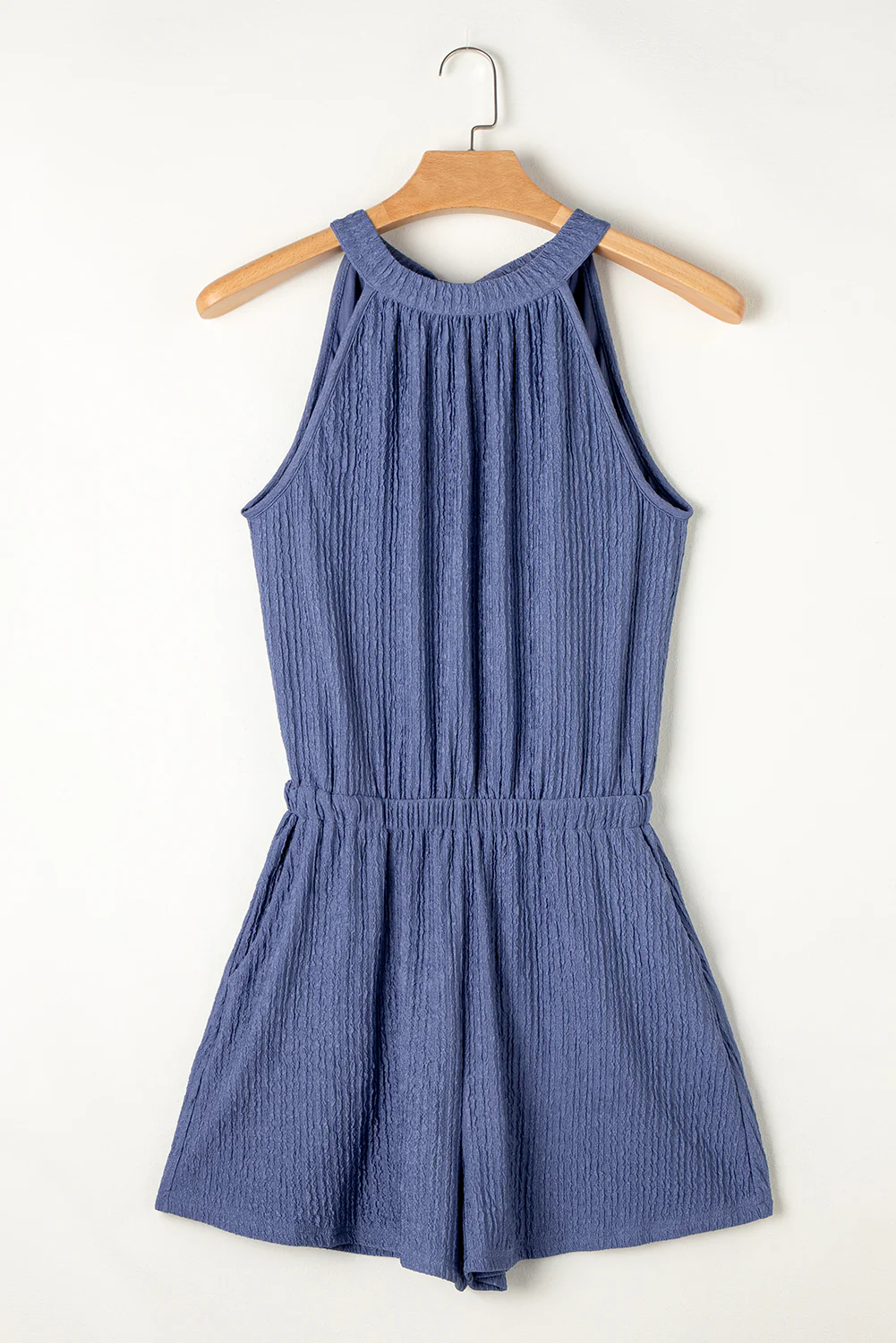 Knot Back High Neck Crinkle Textured Romper