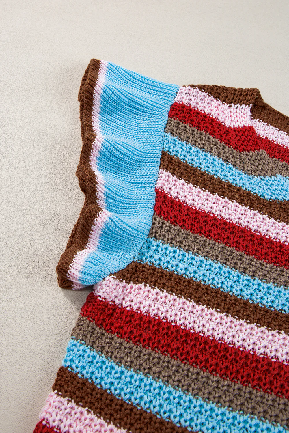 Striped Ruffled Sleeve V Neck Sweater