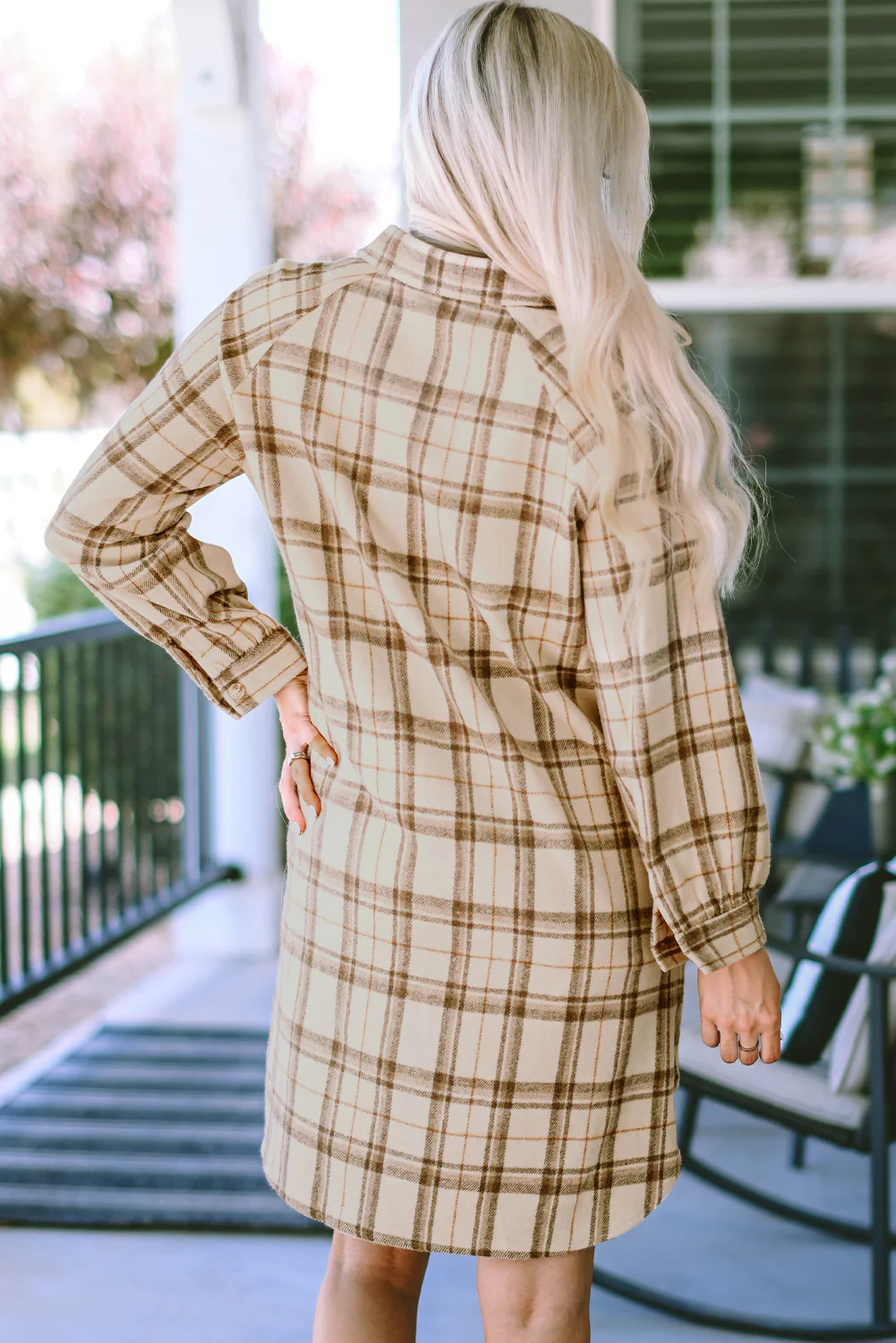 Plaid Pattern Collared Neck Ruffled Sleeve Shirt Dress