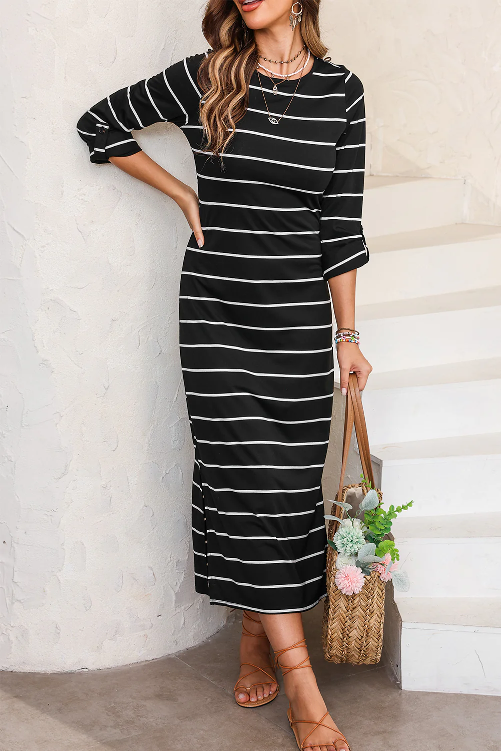 Stripe Print Open Back Sleeveless Maxi Dress with Slits