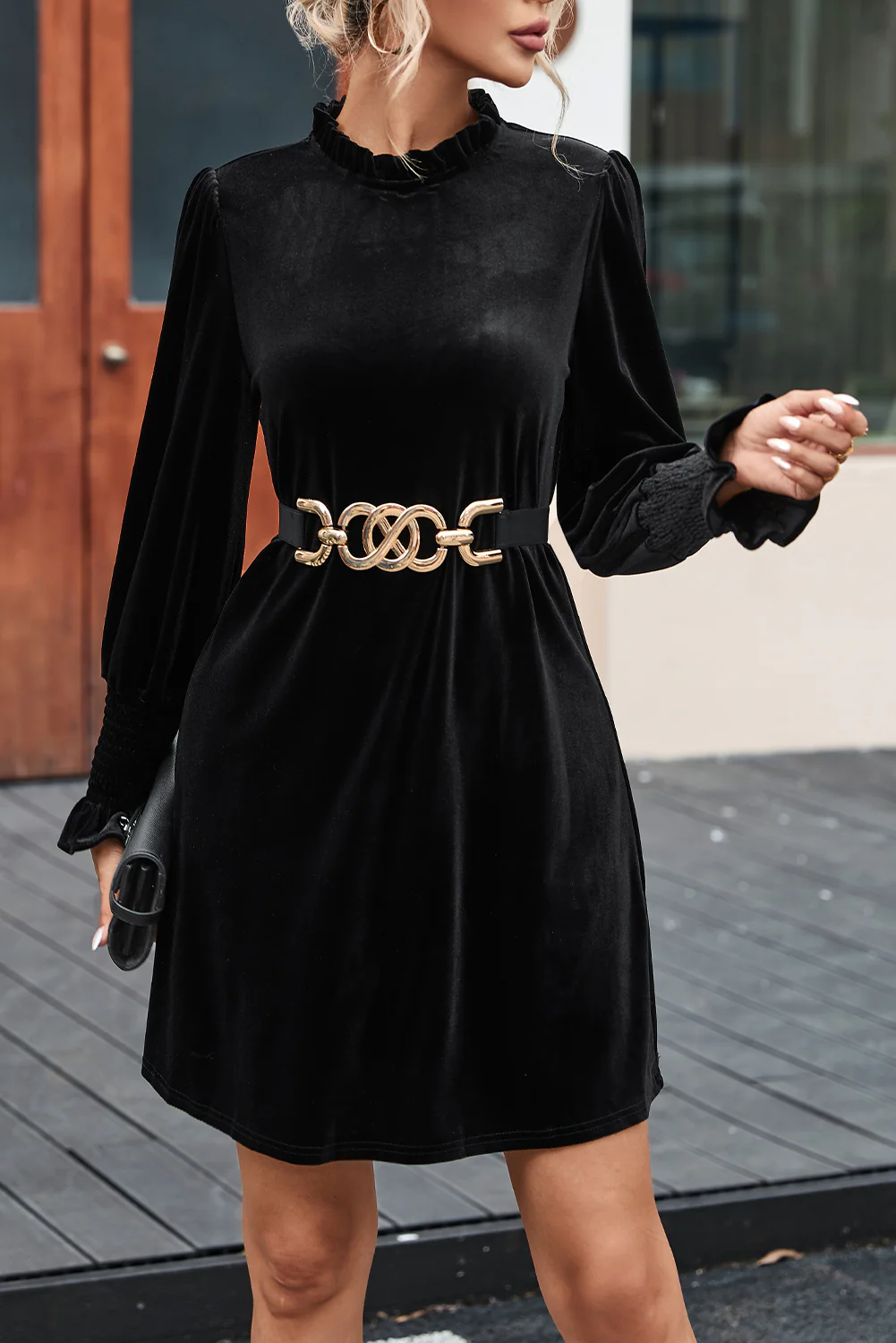 Velvet Frill Neck Long Sleeve Shift Dress