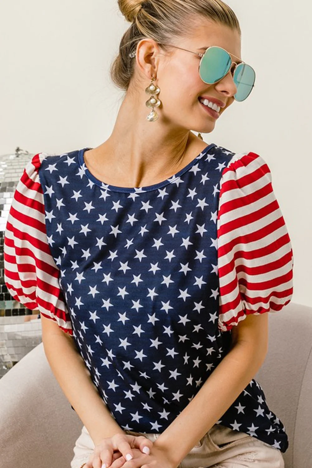 4th Of July Stars Stripes Puff Sleeve T Shirt