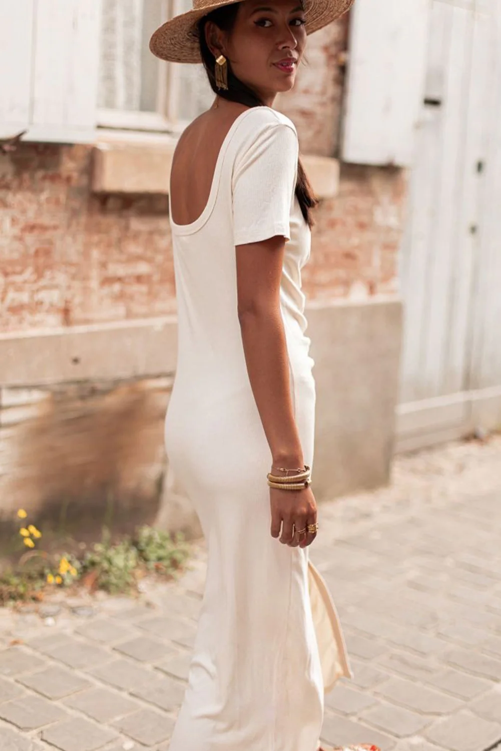 V Neck Ruched Button Front French T-shirt Dress