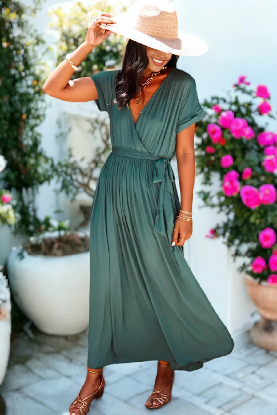 V Neck Wrap Pleated Short Sleeve Maxi Dress