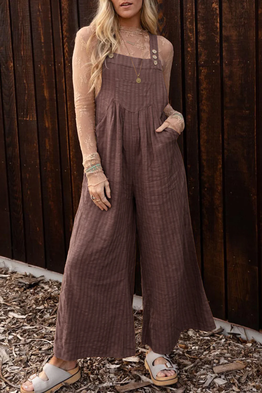 Striped Pleated Wide Leg Pocketed Jumpsuit