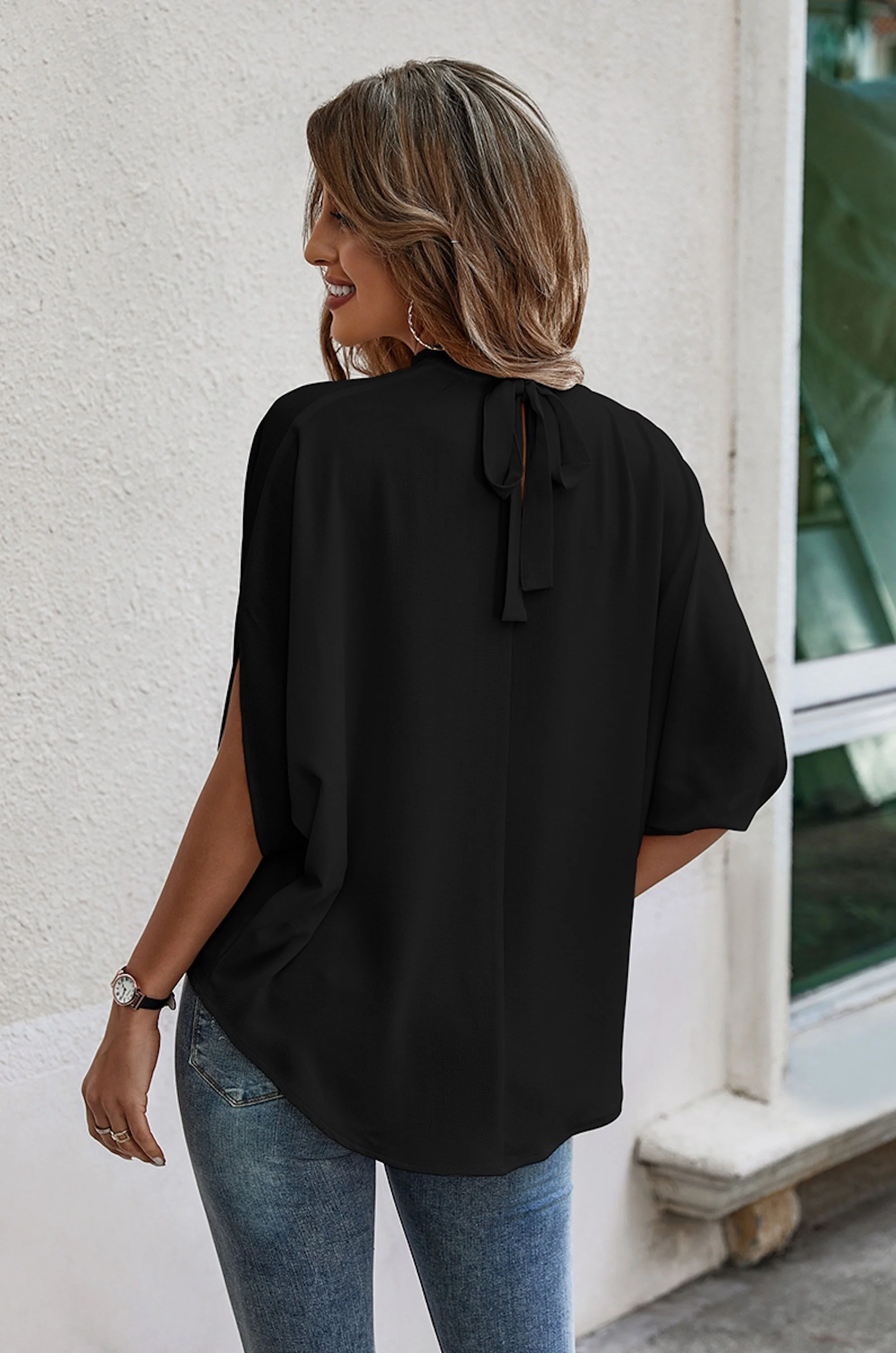 Black Tulum Tie Back Cape Blouse