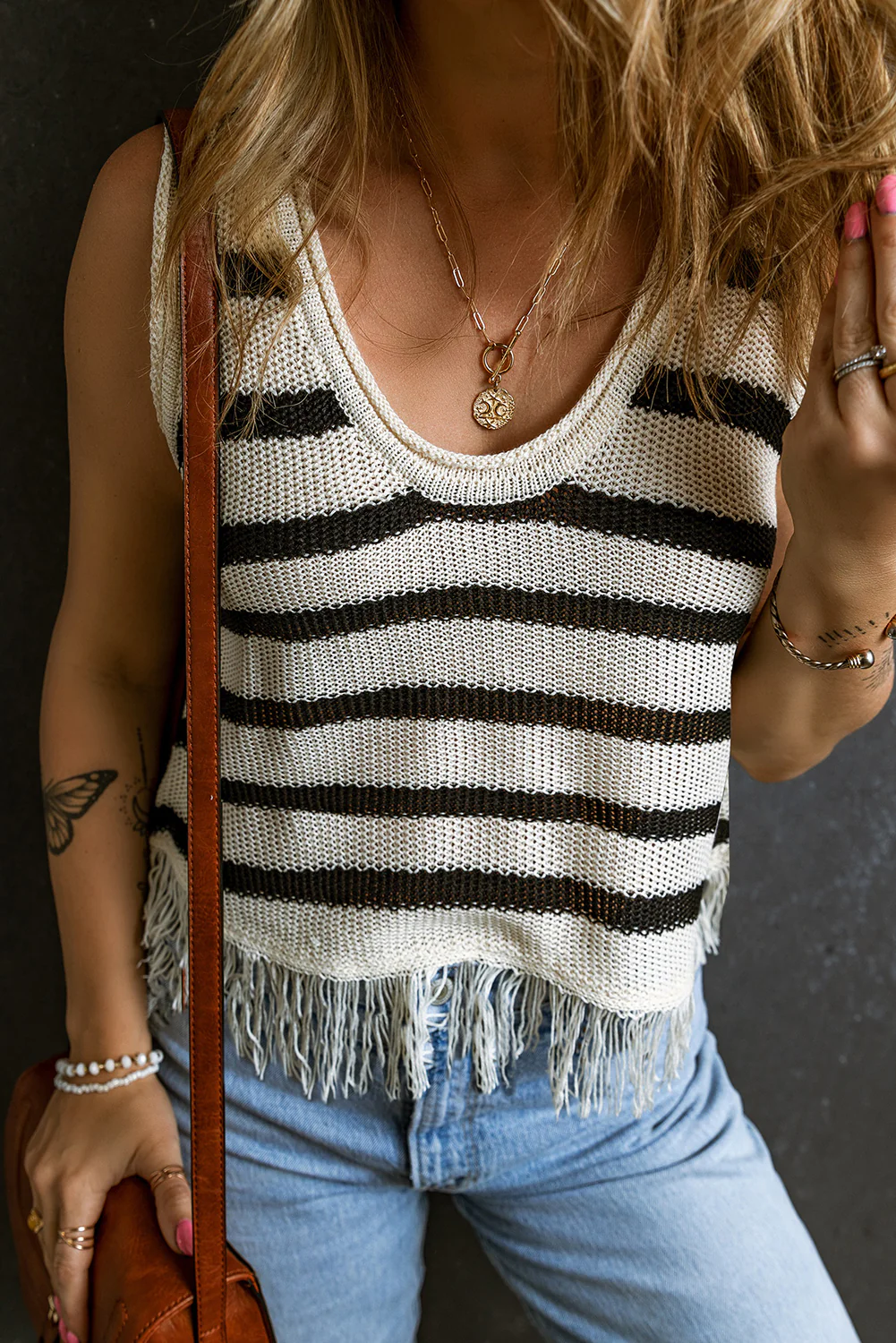 Stripe Loose Knit Fringe Tank Top