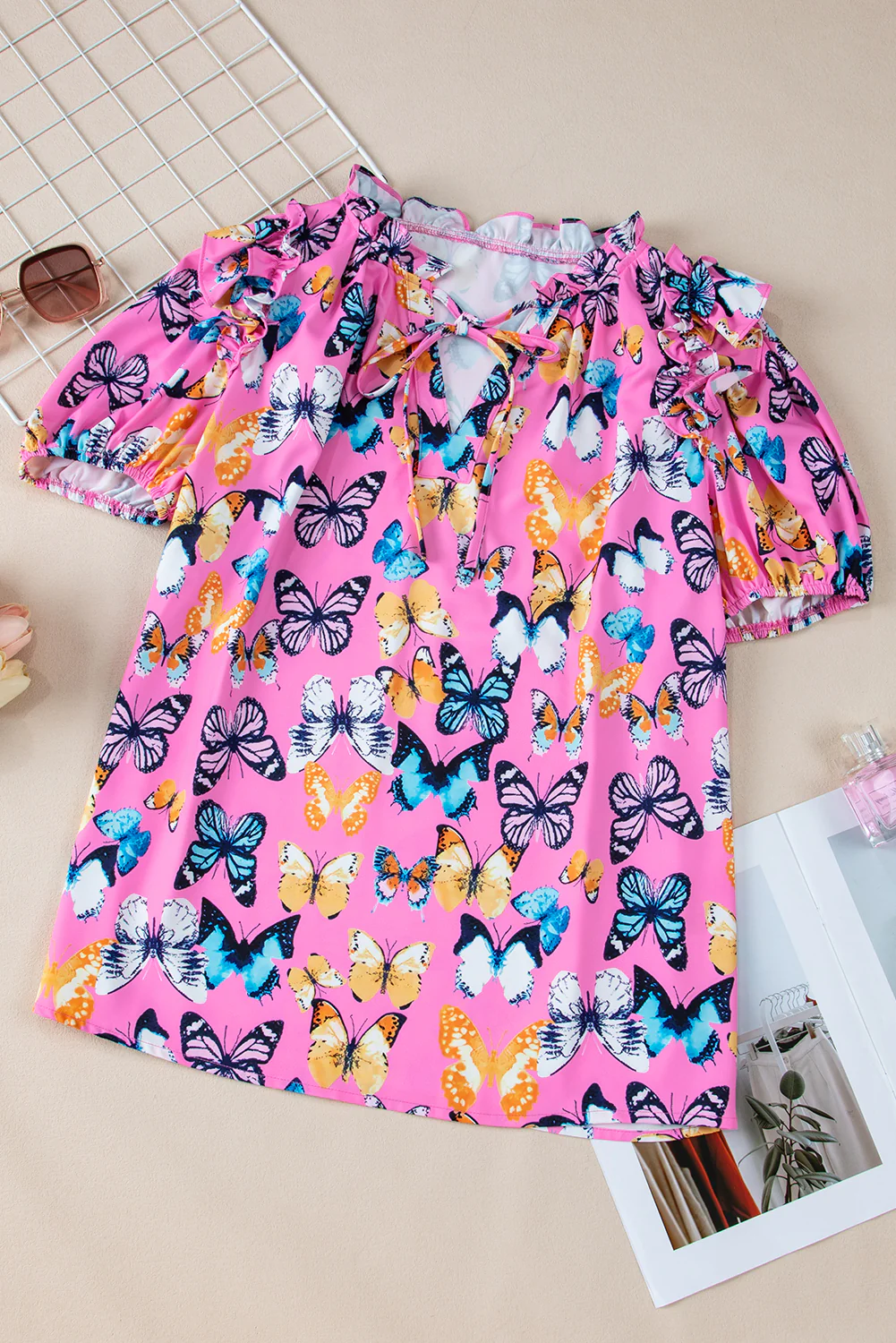 Butterfly Print Ruffled Puff Sleeve Tied V Neck Blouse