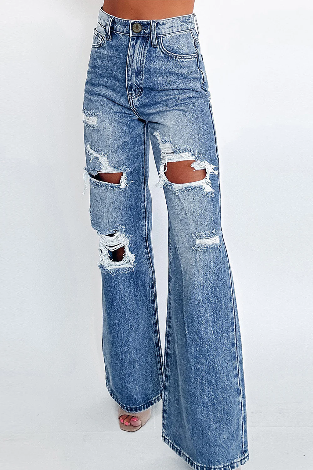Acid Wash Distressed Wide Leg High Waist Jeans
