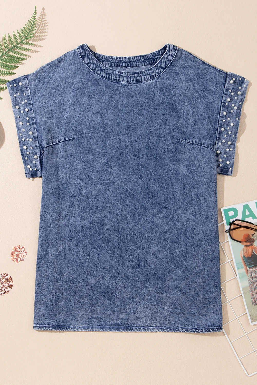 Acid Wash Pearl Embellishments O-neck Denim Top