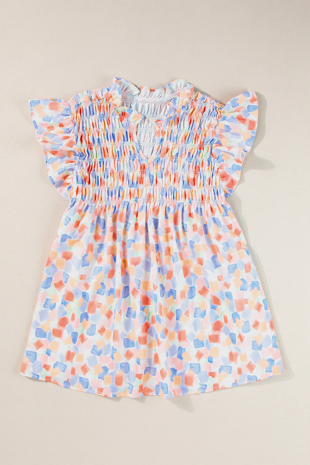 Shirred Yoke Ruffled Abstract Printed Blouse