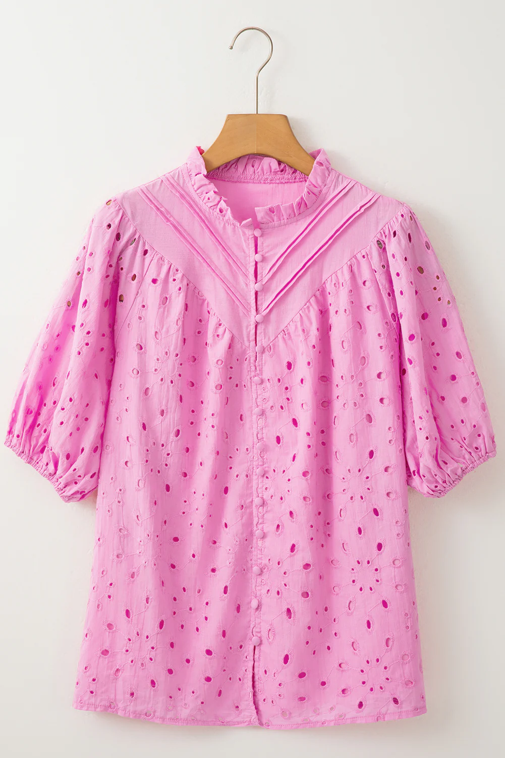 Flower Embroidered Hollow-out Puff Sleeve Blouse