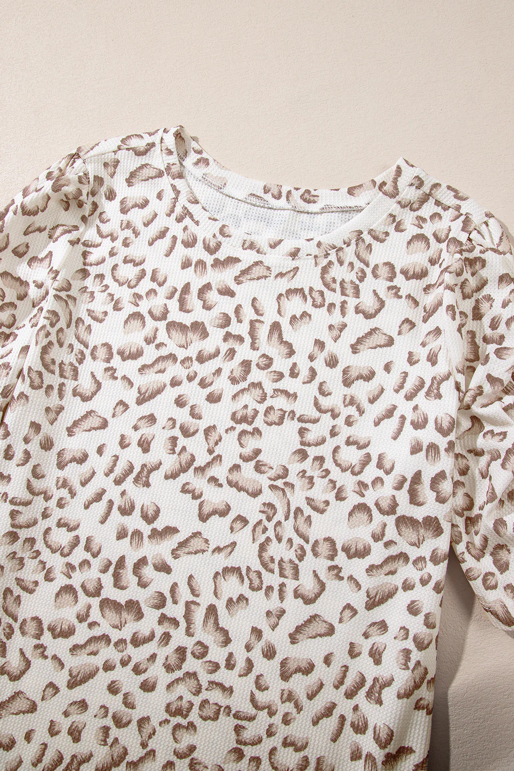 Textured Leopard Print Ruched Sleeve T Shirt