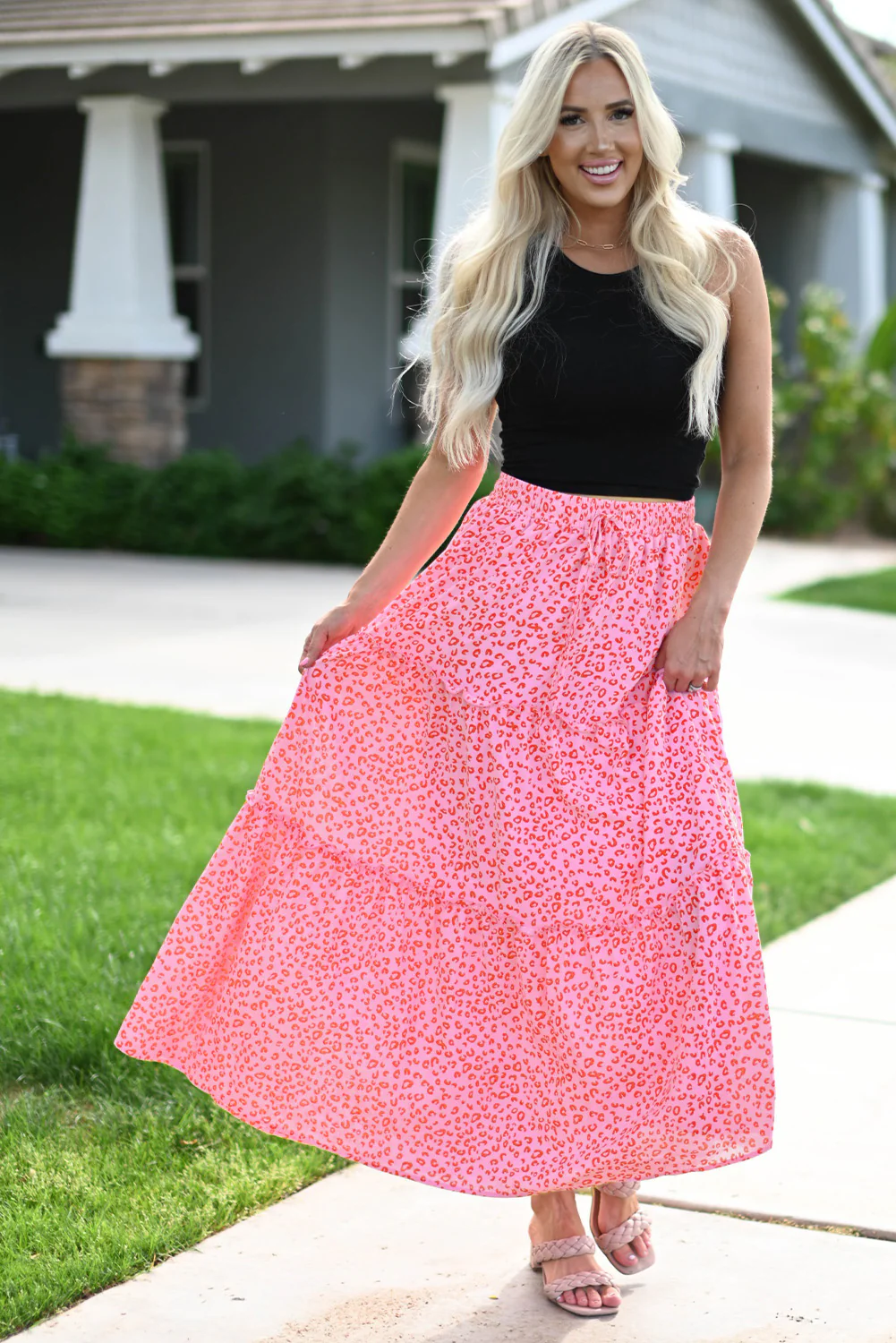 Leopard Print Frilled Drawstring High Waist Maxi Skirt