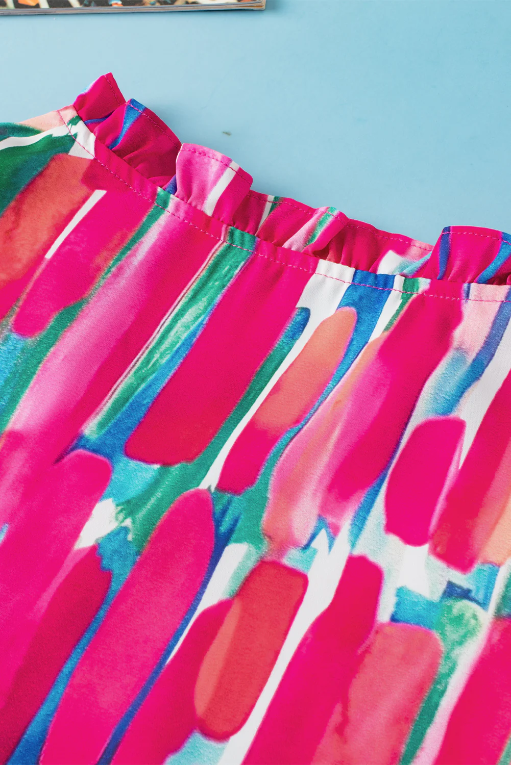 Abstract Brush Print Ruffled Sleeve Frill V Neck Blouse