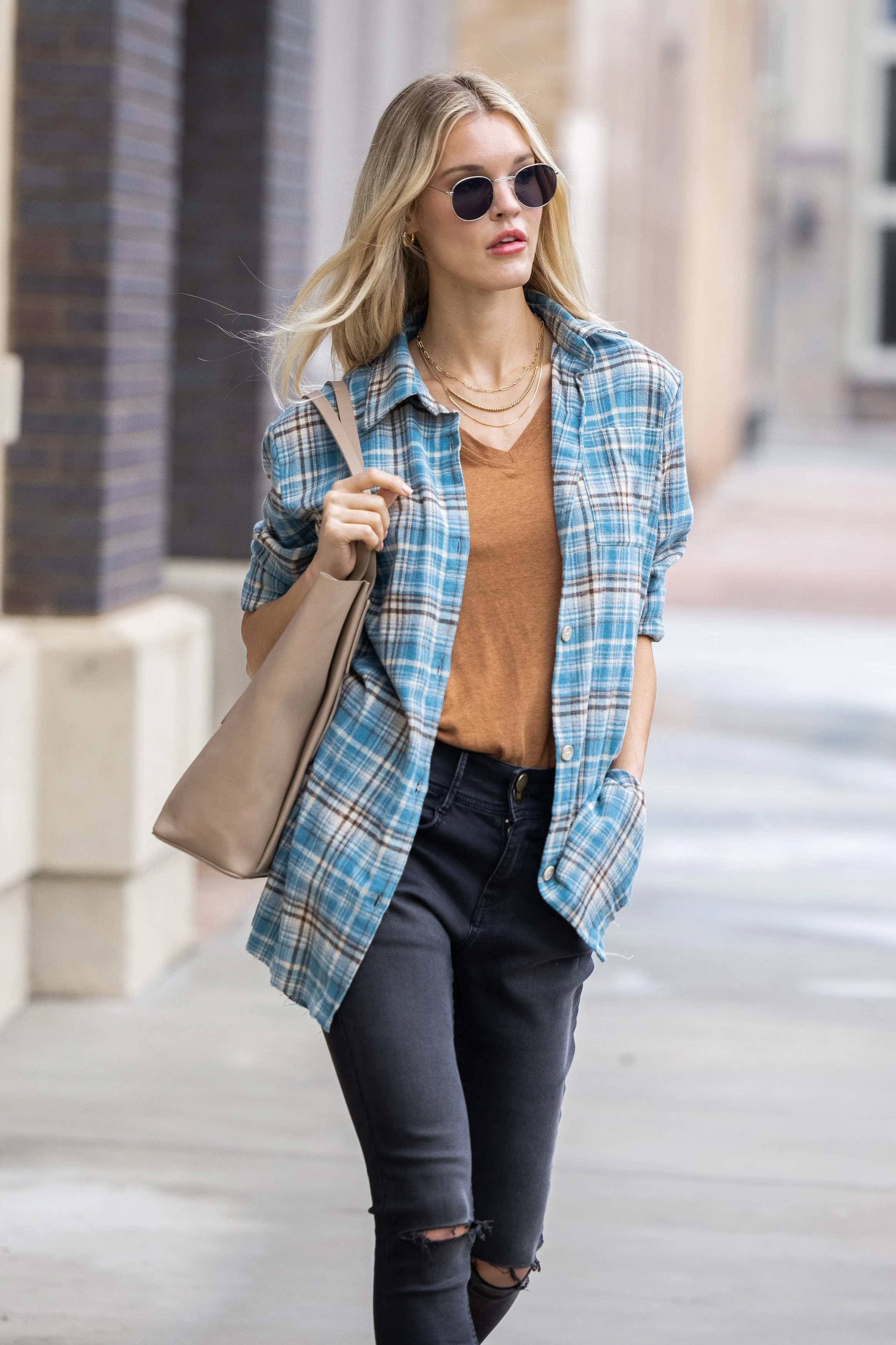 Teal Plaid Boyfriend Shirt With Raw Hem