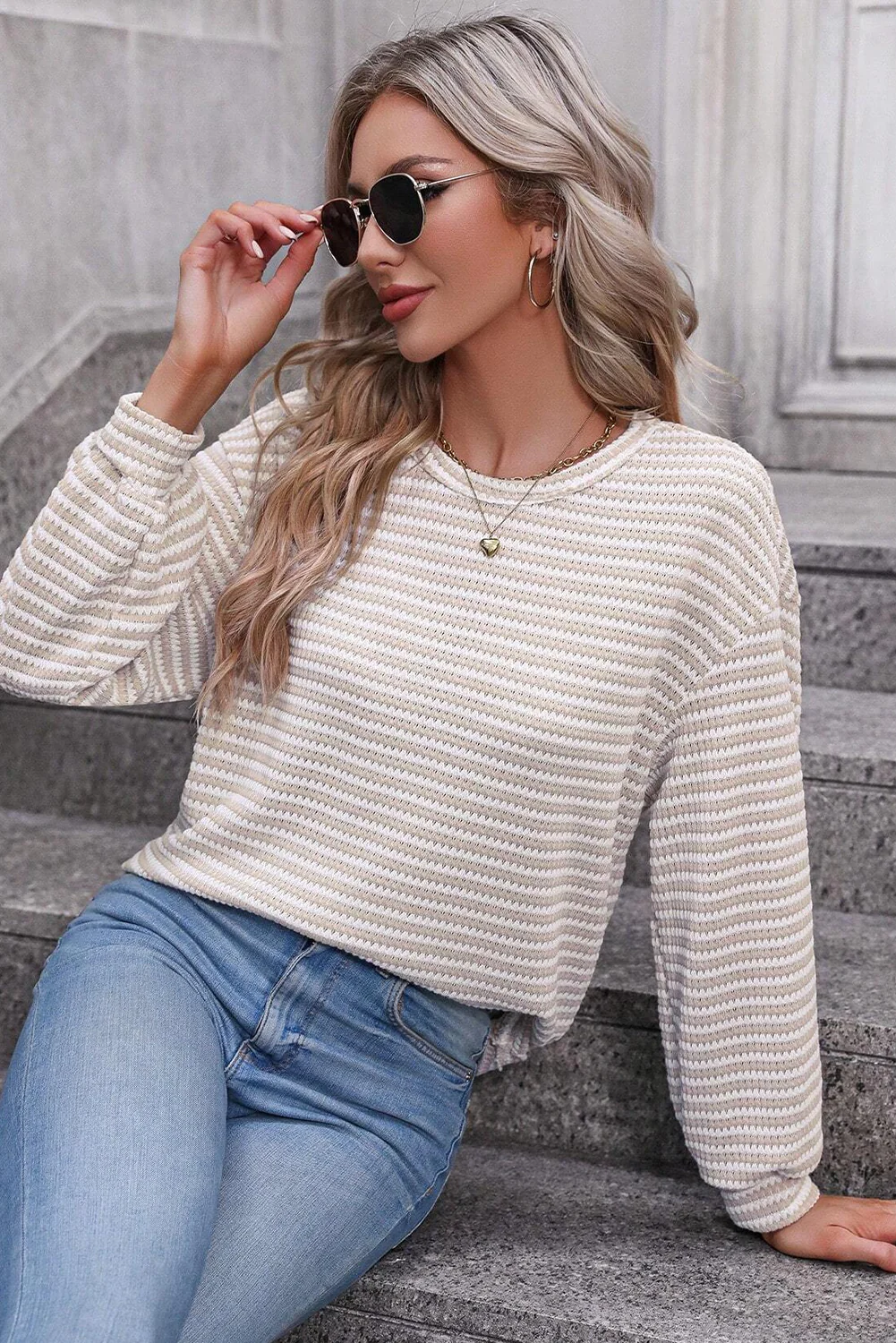 Stripe Round Neck Drop Shoulder Long Sleeve Top