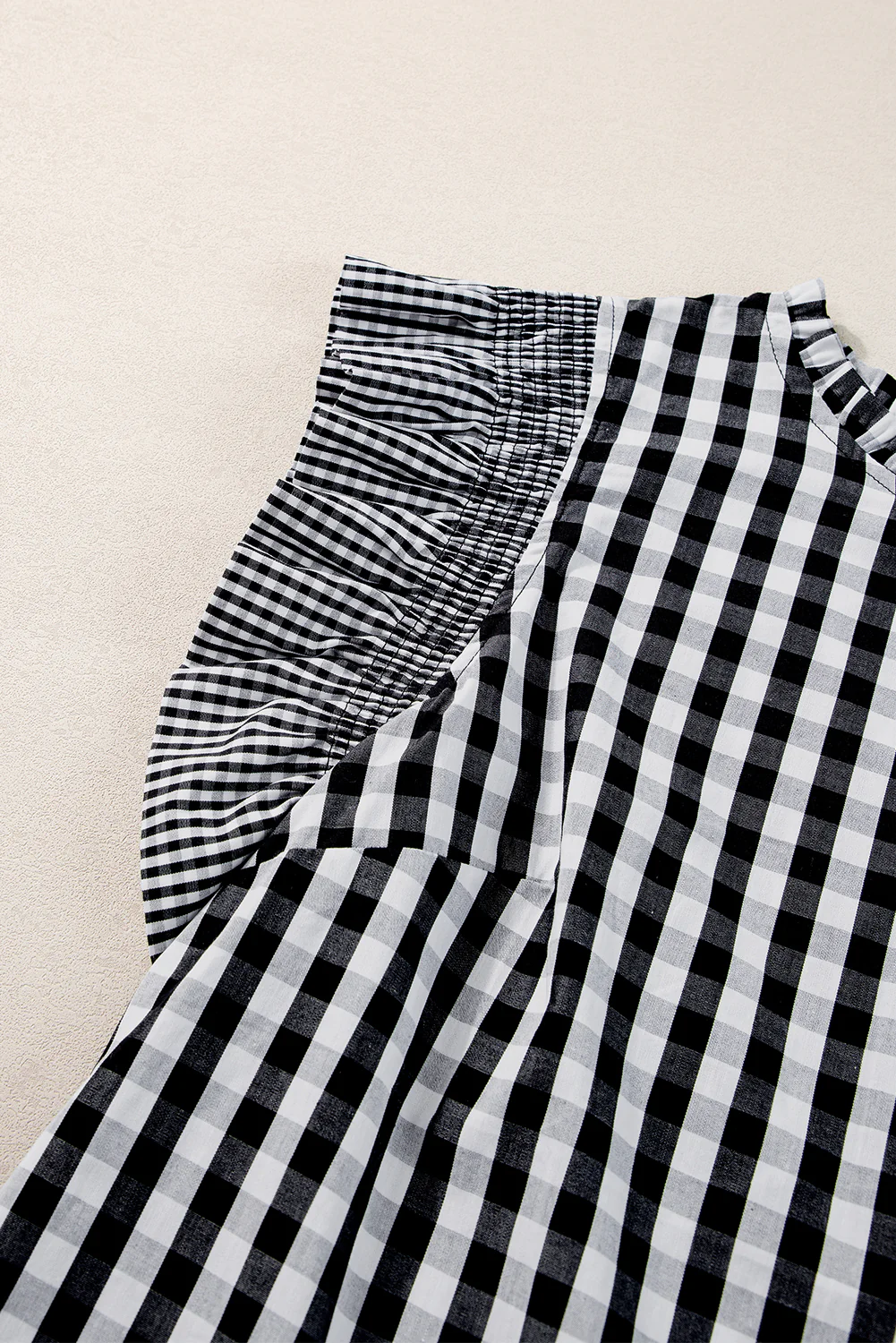 Rose Red Checkered Ruffled Sleeve Frilled Neck Blouse