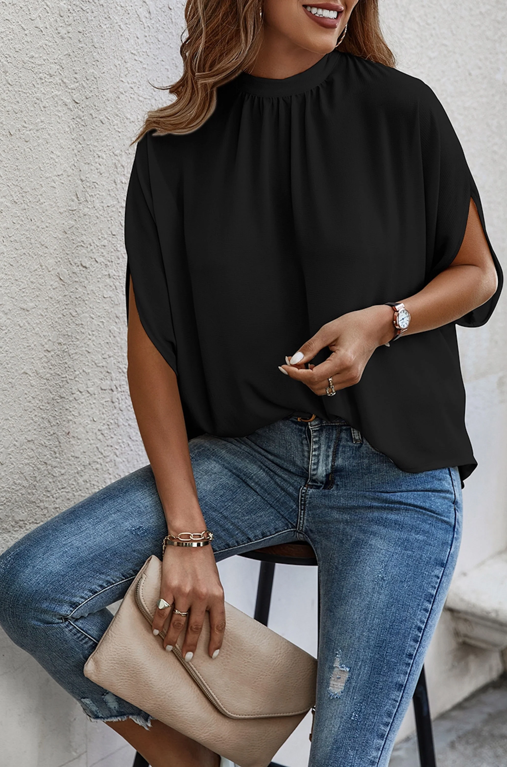 Black Tulum Tie Back Cape Blouse