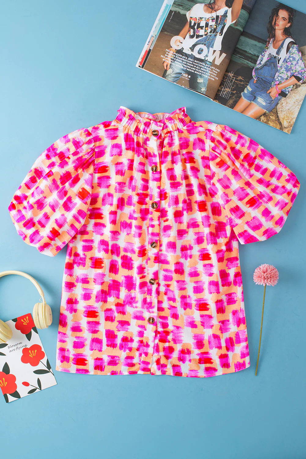 Abstract Print Button Back Ruffed High Neck Blouse