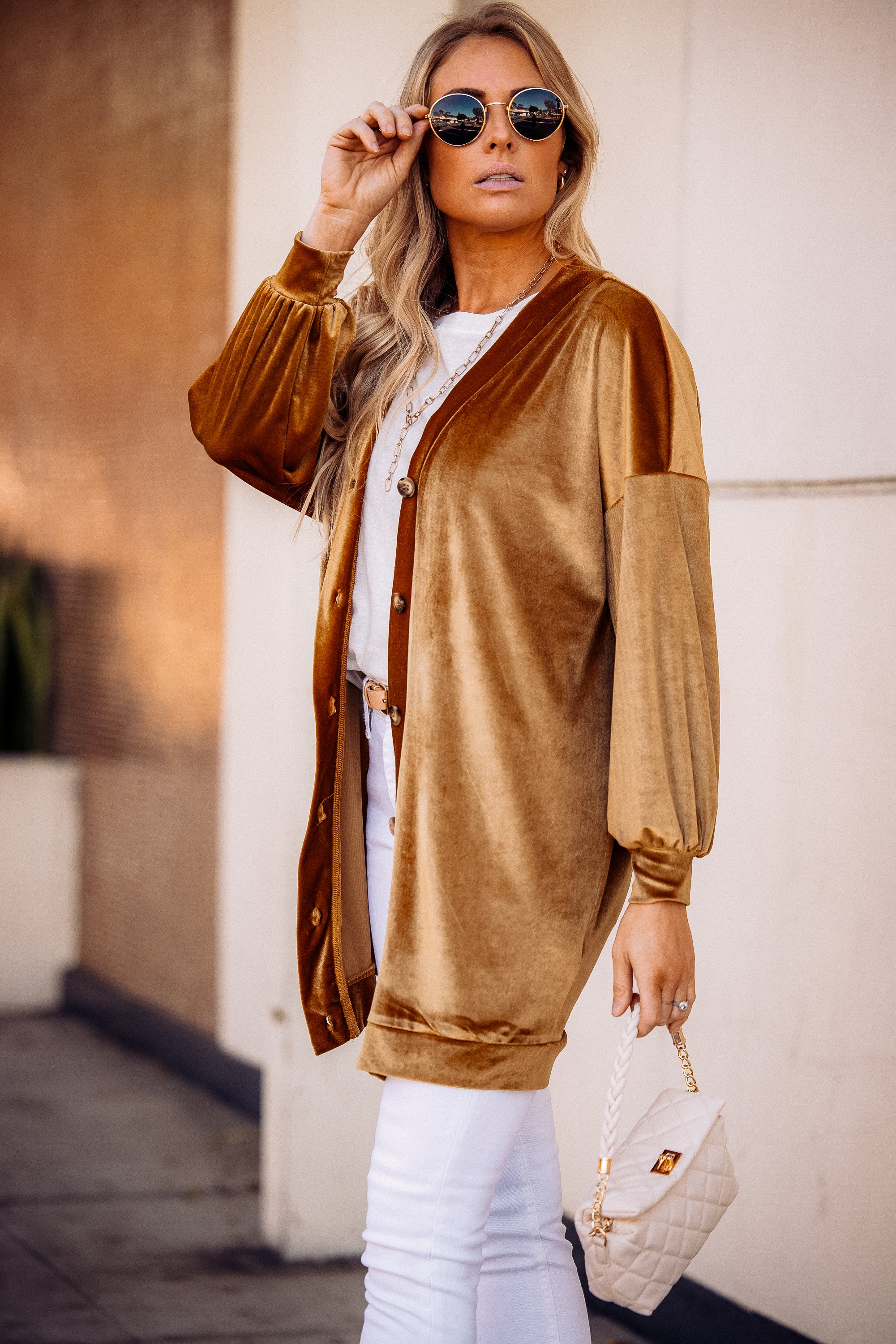 Velvet Blouson Sleeve Button Down Cardigan