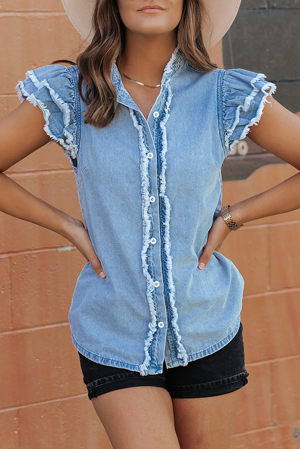 Button Front Ruffled Flutter Frayed Denim Top