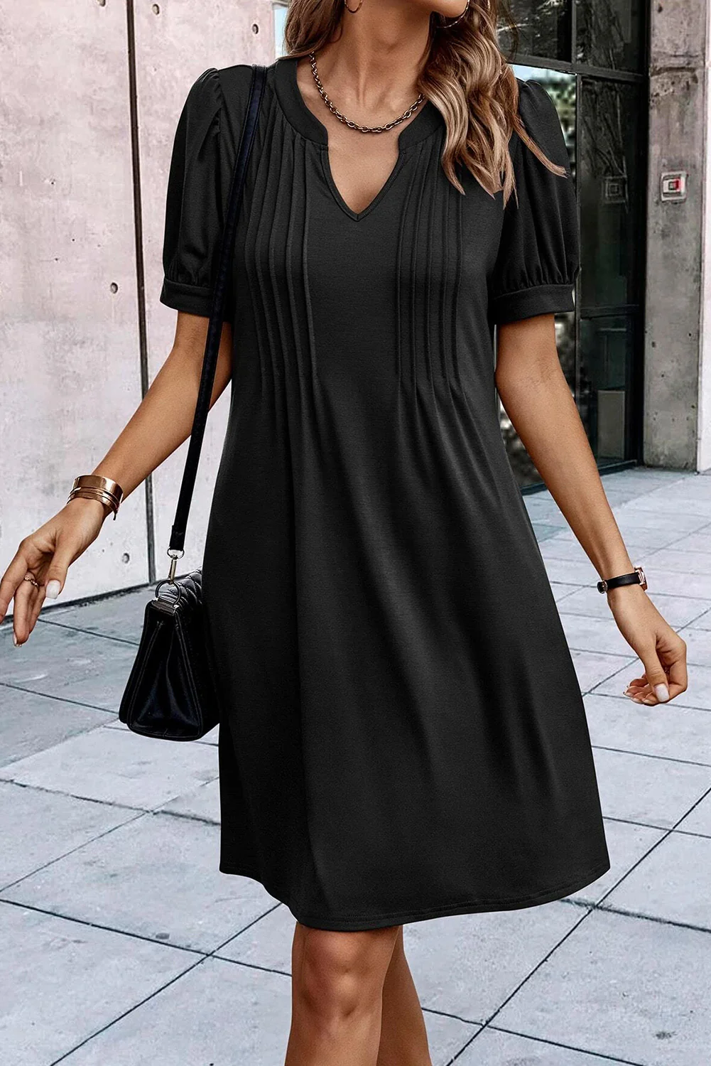 Notched Neck Pleated Puff Sleeve Shift T-shirt Dress