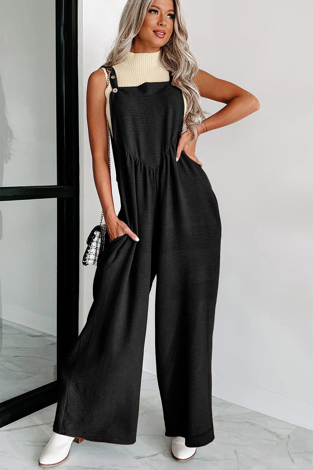 Textured Buttoned Straps Ruched Wide Leg Jumpsuit