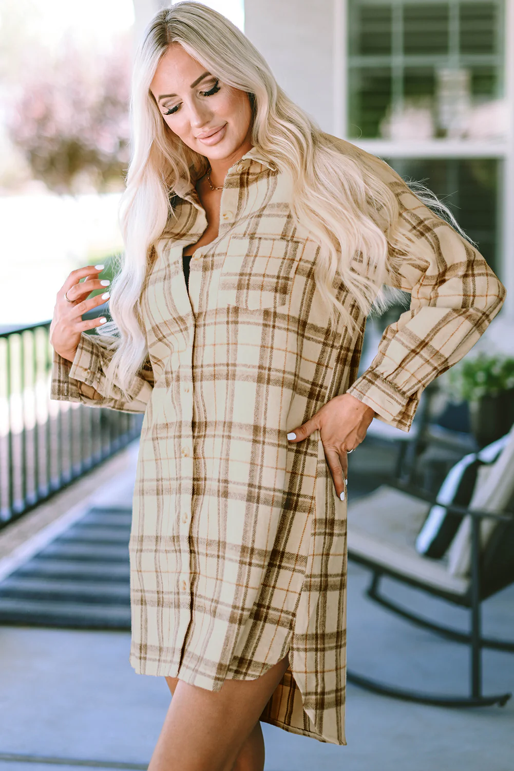 Plaid Pattern Collared Neck Ruffled Sleeve Shirt Dress