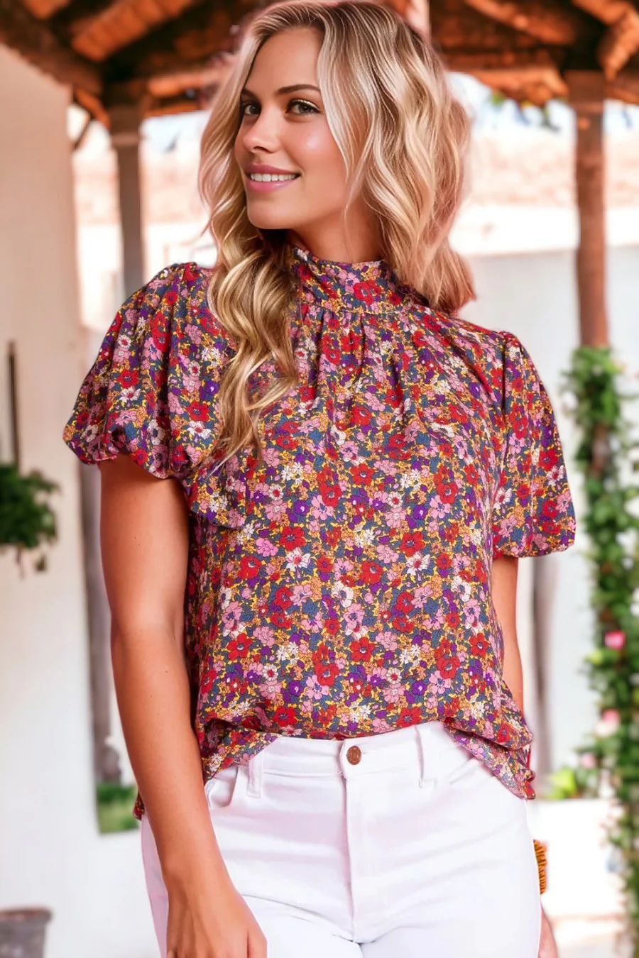 Print Knotted High Neck Puff Sleeve Blouse