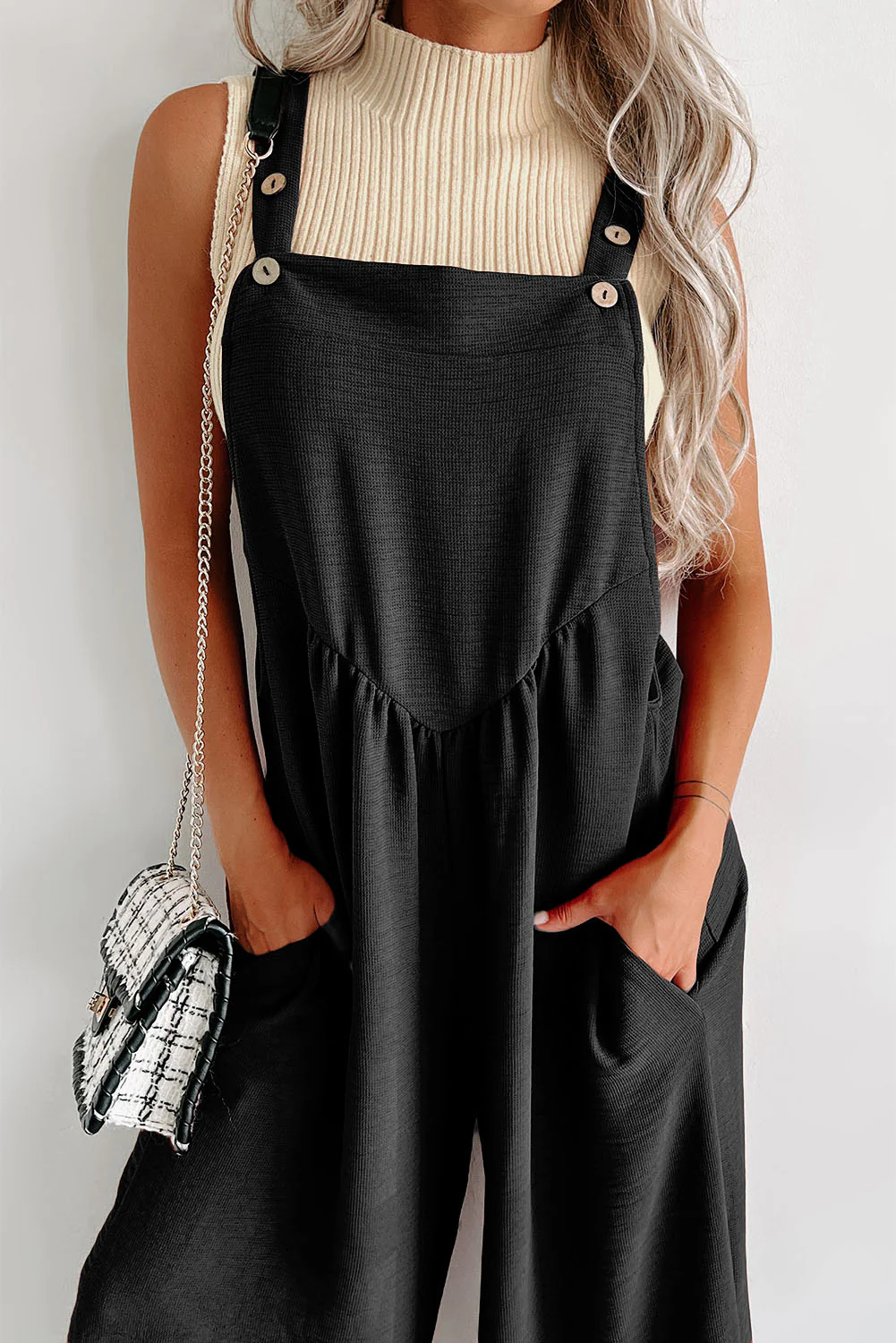 Textured Buttoned Straps Ruched Wide Leg Jumpsuit