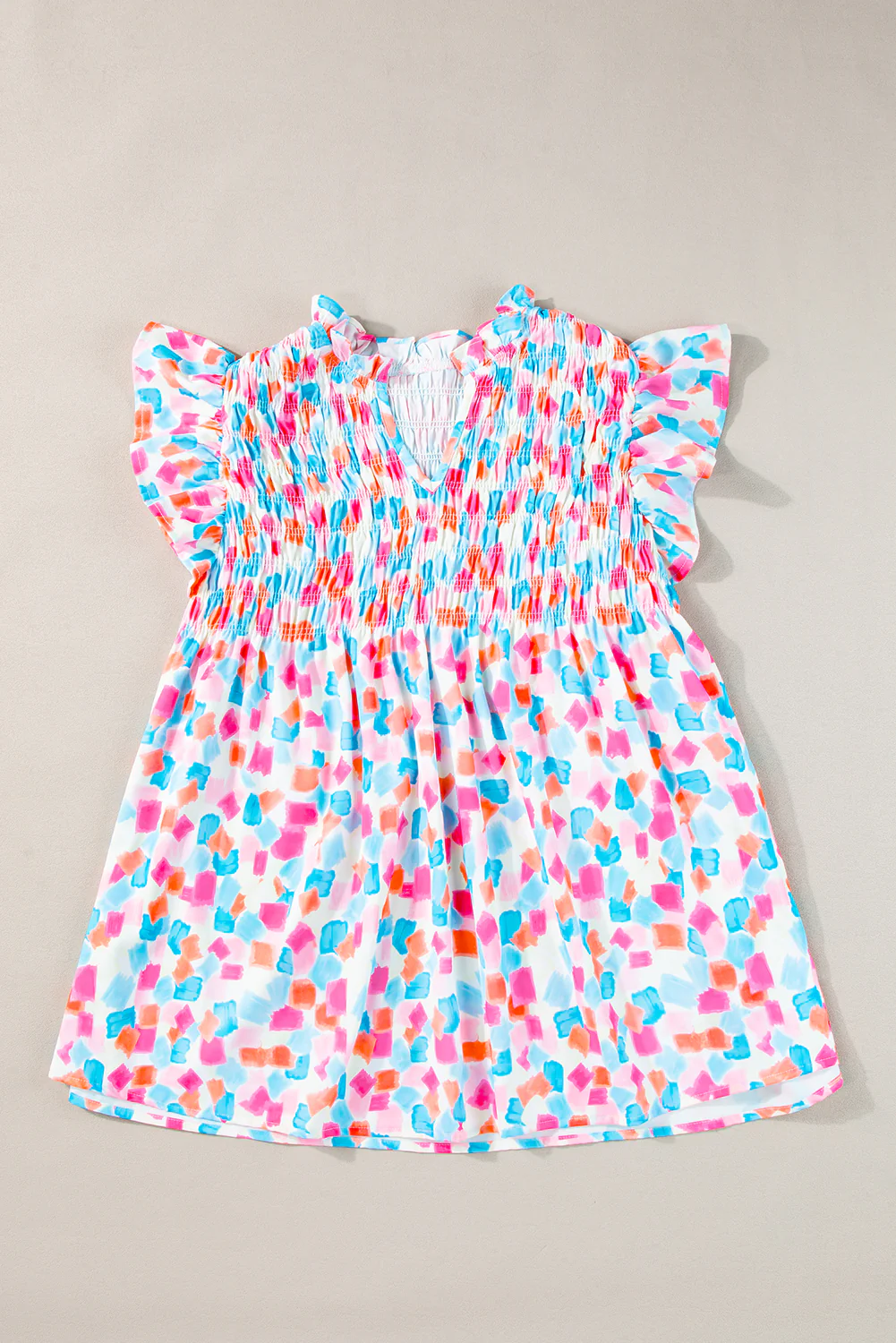 Shirred Yoke Ruffled Abstract Printed Blouse