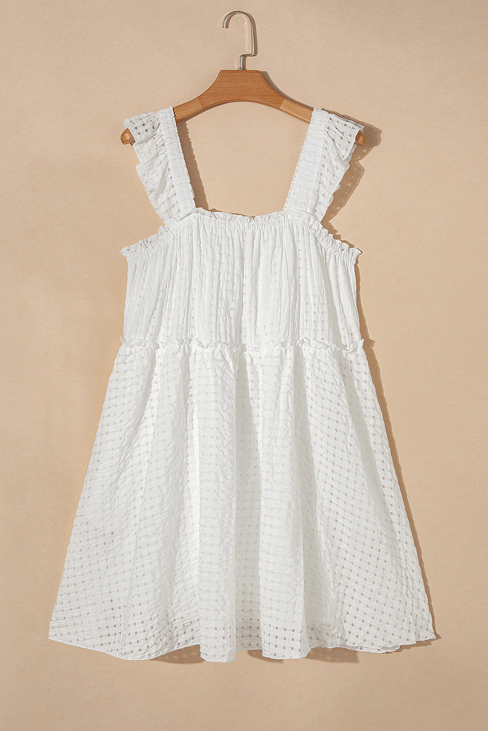 White Plaid Ruffled Straps Flowy Sleeveless Dress